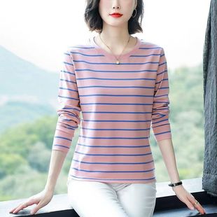 纯棉洋气减龄条纹长袖 遮肉宽松圆领上衣 t恤女打底衫 2025春秋大码