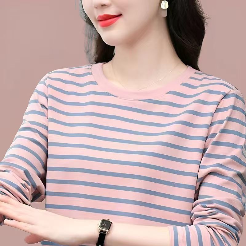 条纹大码纯棉圆领长袖T恤女春秋遮肚宽松妈妈上衣洋气显瘦打底衫