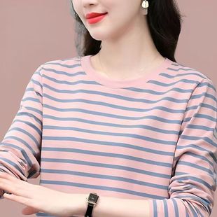 条纹大码 纯棉圆领长袖 T恤女春秋遮肚宽松妈妈上衣洋气显瘦打底衫