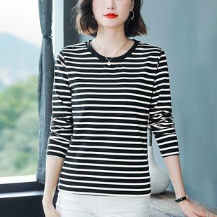 洋气条纹圆领纯棉长袖 春秋大码 t恤女胖mm遮肚子减龄中年宽松上衣