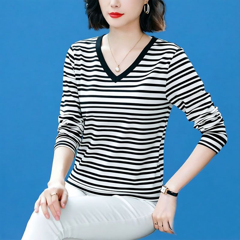 胖mm大码女士T恤长袖v领纯棉条纹上衣春秋遮肉休闲宽松显瘦打底衫