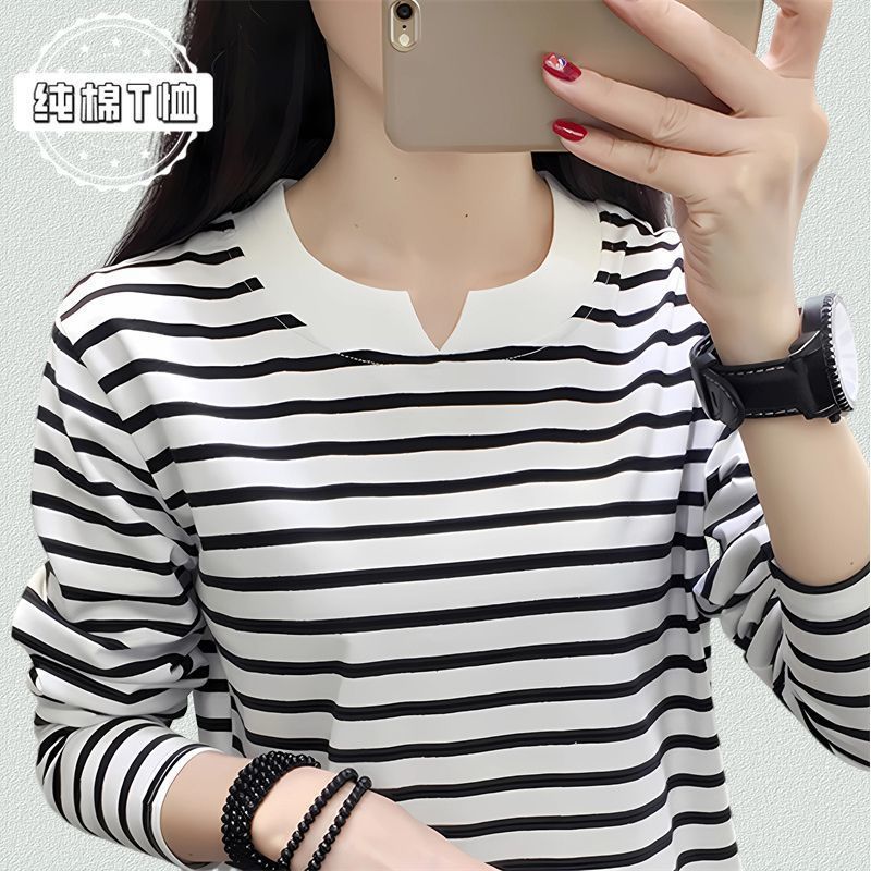 中年显瘦纯棉圆领条纹长袖T恤女大码遮肚子减龄妈妈洋气打底上衣