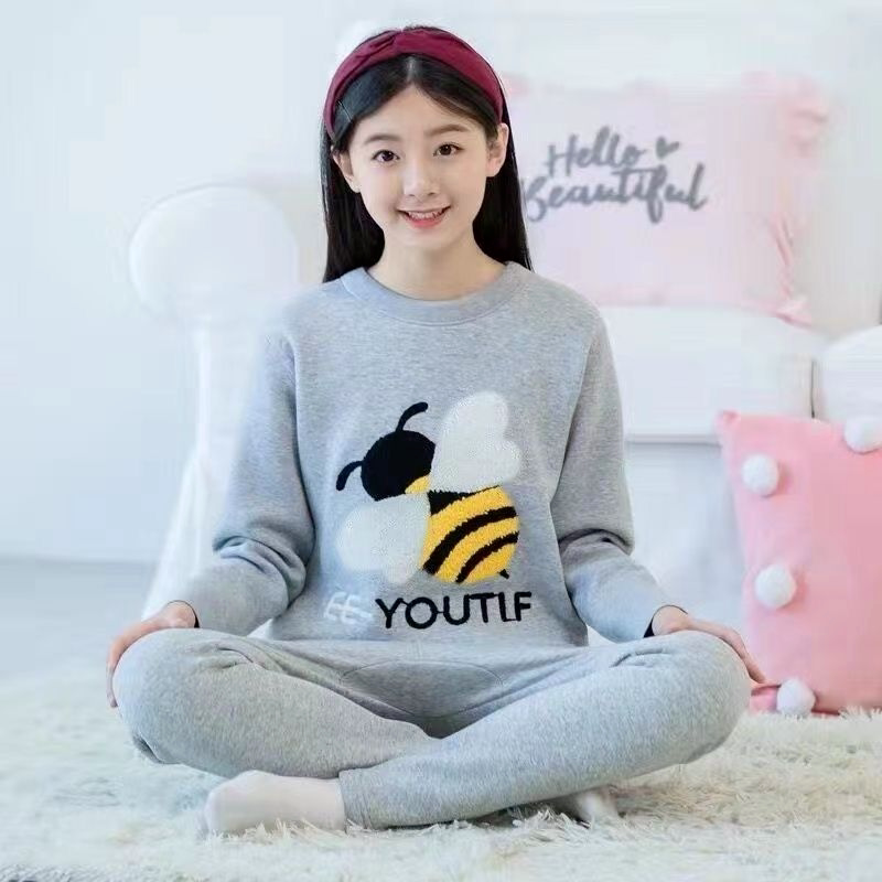 秋冬银狐绒防寒卡通保暖内衣家居服套装加绒初高中女士睡衣两件套