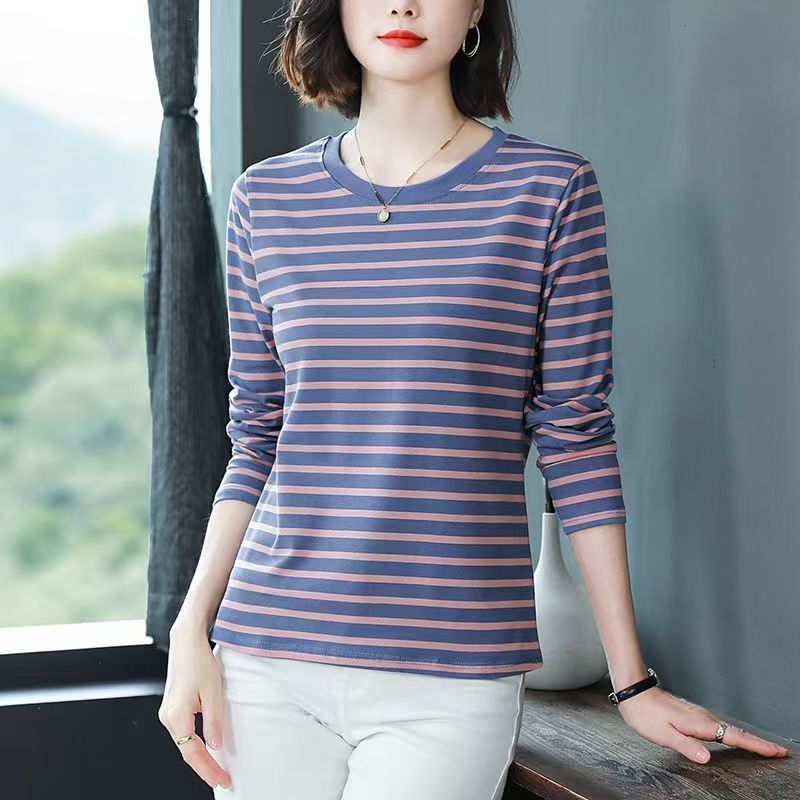 大码春秋条纹圆领纯棉长袖T恤女新款遮肚上衣宽松洋气显瘦打底衫