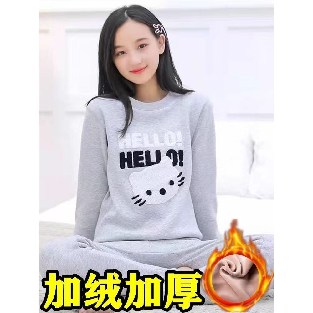 银狐绒卡通刺绣防寒保暖外穿睡衣套装秋冬学生加绒休闲女士家居服