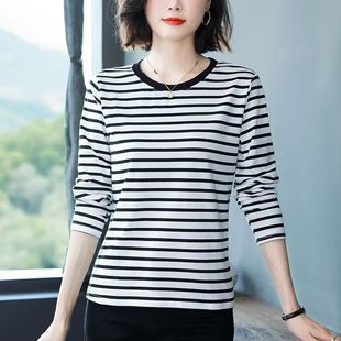 春秋中年纯棉圆领条纹长袖 T恤女遮肚大码 洋气减龄上衣宽松打底衫