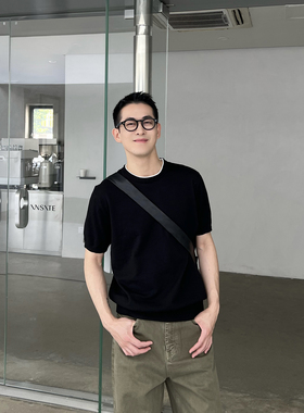 Nick Tian 老钱风纯色冰丝针织短袖男夏季假两件极简风套头圆领