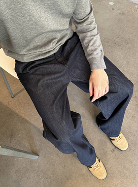 Nick Tian 深蓝色松紧带直筒牛仔裤男秋冬新款韩系宽松长裤休闲裤