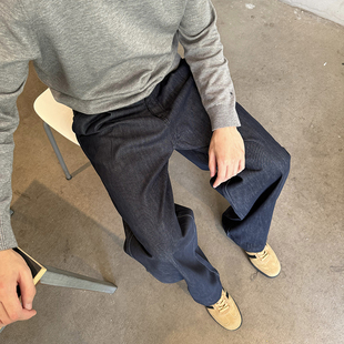 Tian 休闲裤 深蓝色松紧带直筒牛仔裤 韩系宽松长裤 男秋冬新款 Nick
