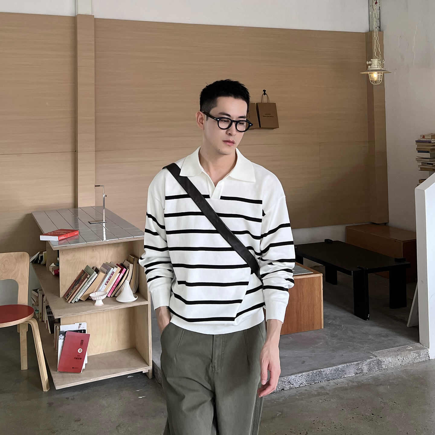 NickTian极简亨利领条纹针织衫