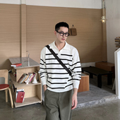 Nick 毛衣男秋冬新款 Tian 老钱风极简亨利领polo翻领条纹针织衫