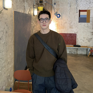 男秋冬圆领套头打底衫 咸菜绿纯色韩系极简风针织衫 毛衣 Tian Nick