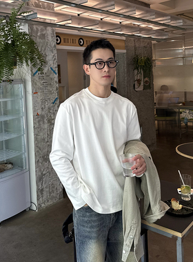 Nick Tian纯色白T长袖打底衫男秋季新款韩系简约宽松休闲内搭上衣