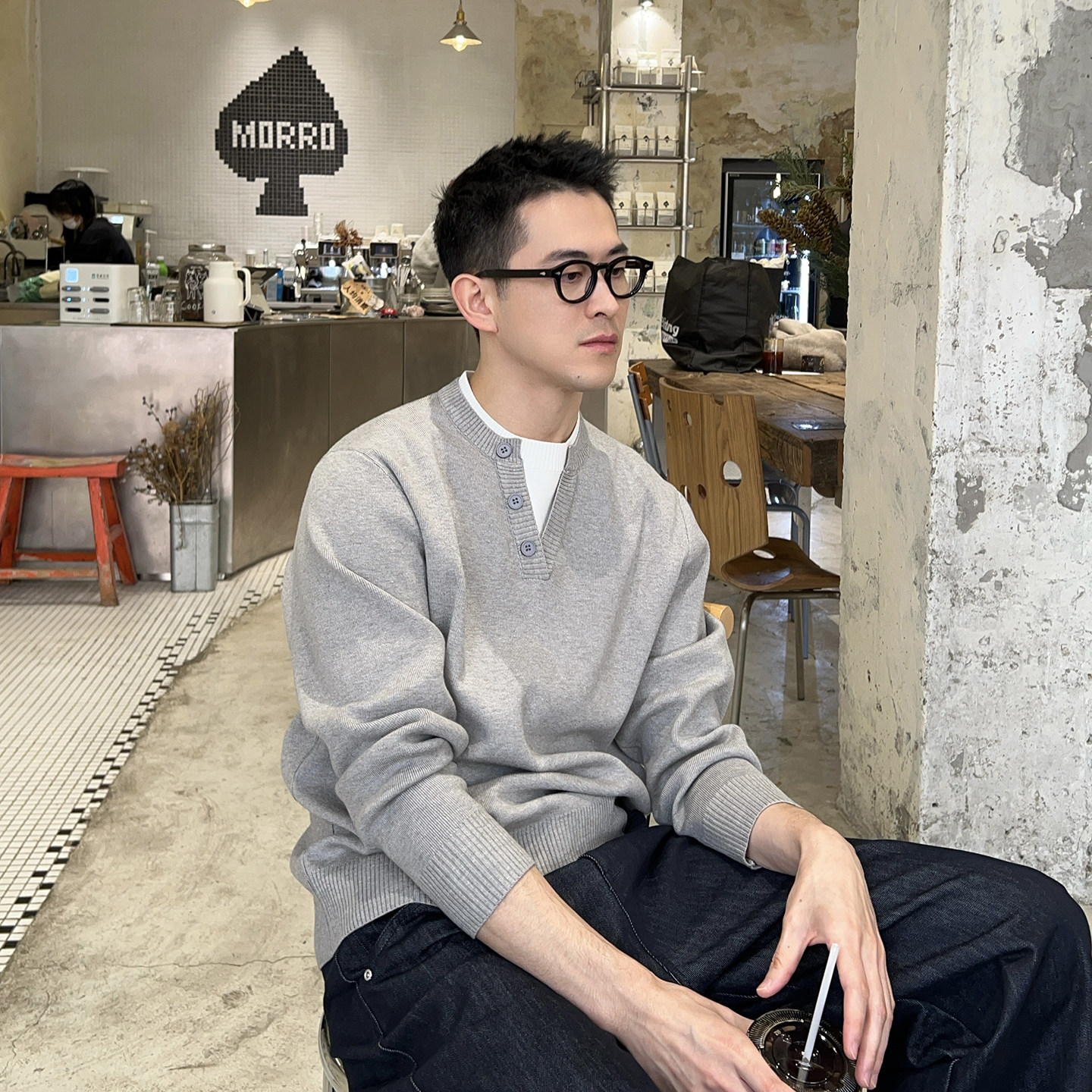 Nick Tian 早春老钱风假两件长袖针织衫男新款休闲风毛衣内搭上衣