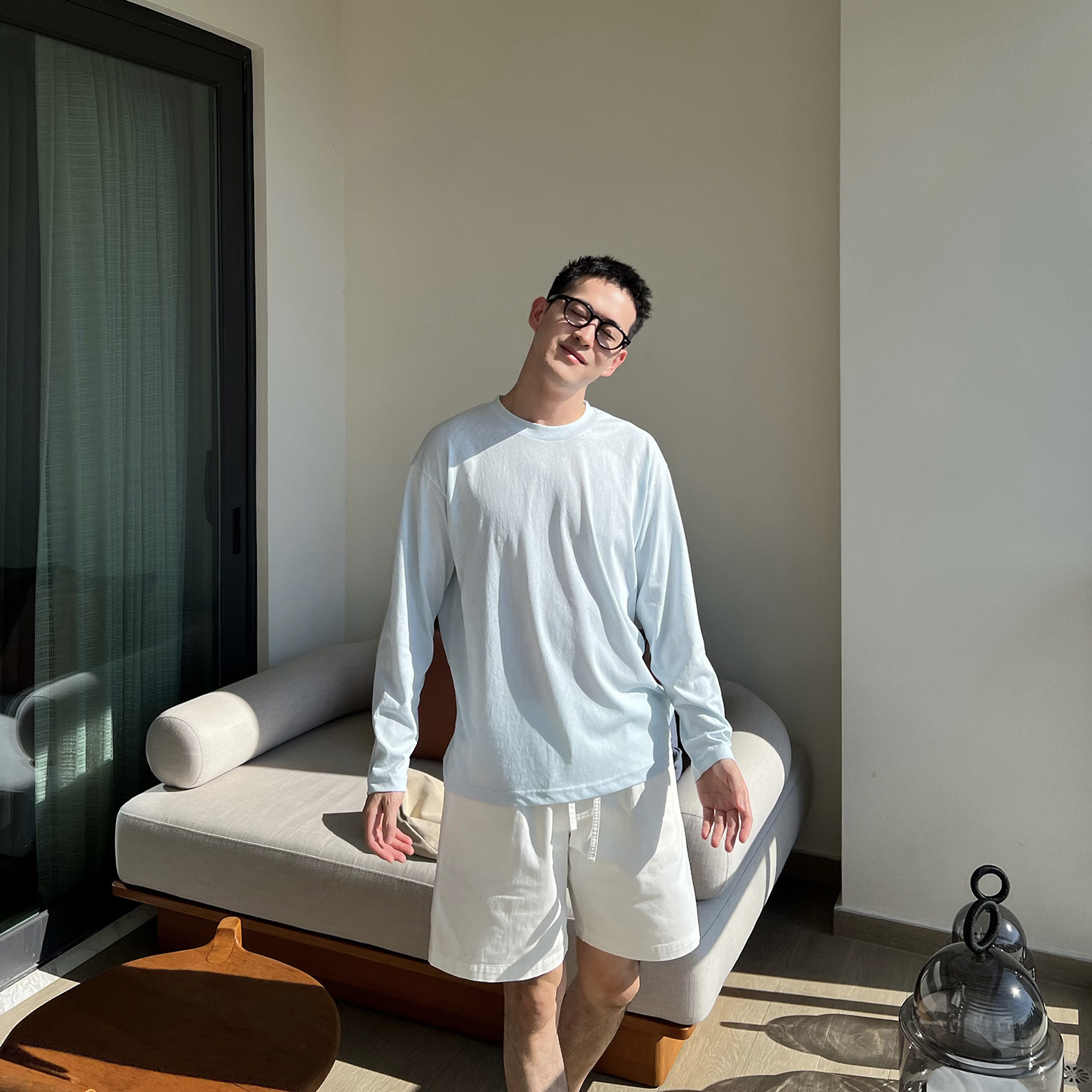 Nick Tian 莱赛尔薄款长袖T恤男夏季新款清凉感圆领落肩袖防晒衣