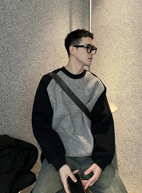 nick tian 秋冬美式潮牌圆领加绒卫衣男撞色宽松加厚长袖上衣无帽