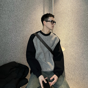 潮牌圆领加绒卫衣男撞色宽松加厚长袖 秋冬美式 上衣无帽 tian nick