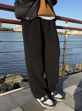 nick tian 秋冬新款黑色加绒加厚直筒休闲裤男款宽松流行长裤