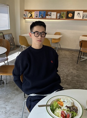 nick tian 秋冬新款藏青色红色R刺绣肌理感毛衣男款宽松休闲上衣