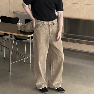 男生宽松直筒阔腿裤 Nick 卡其色水洗复古牛仔裤 新款 子 Tian春季