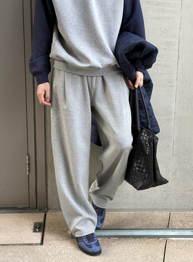 Nick Tian 宽松阔腿松紧腰灰色卫裤男秋冬新款直筒休闲运动裤长裤