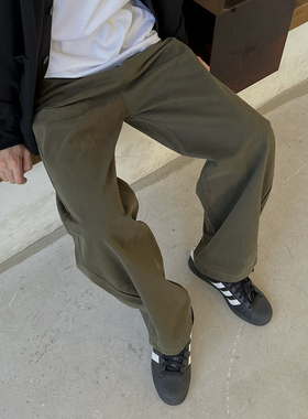 nick tian 高级感深绿色复古时尚休闲裤男青春流行直筒做旧感长裤