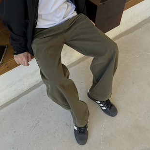 休闲裤 nick 高级感深绿色复古时尚 tian 男青春流行直筒做旧感长裤