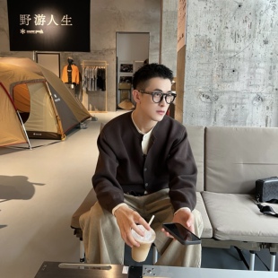 男cleanfit纯色外套 秋冬韩系慵懒感假两件加厚毛衣开衫 nick tian