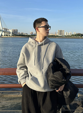 nick tian 秋冬简约连帽卫衣男纯色叠穿休闲宽松灰色上衣帽衫