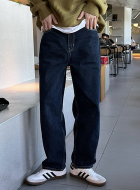 nick tian 宽松休闲牛仔裤男秋季港风复古百搭深蓝色阔腿直筒长裤