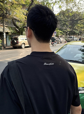 Nick Tian 背后刺绣小字母黑色短袖T恤男韩版简约小众设计感休闲