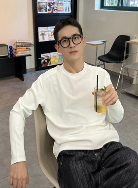 nick tian 休闲简约风圆领白色长袖T恤男秋冬基础款叠穿套头打底