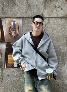 nick tian 春季新款灰色连帽卫衣男美式流行休闲纯色宽松外套开衫