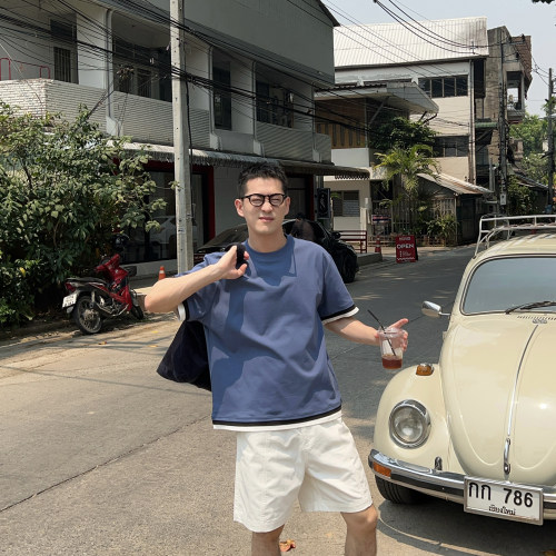 NickTian极简风假两件短袖T恤
