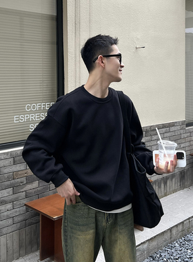 nick tian 秋冬基础款纯色套头圆领卫衣男潮流宽松休闲黑色上衣