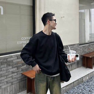 纯色套头圆领卫衣男潮流宽松休闲黑色上衣 秋冬基础款 nick tian