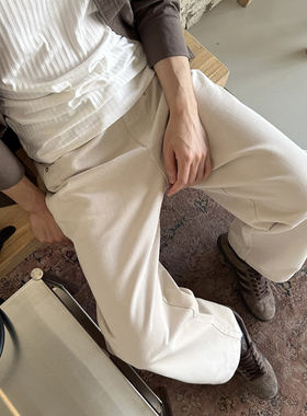 Nick Tian 厚款杏色直筒牛仔裤男秋冬新款韩系极简风宽松休闲百搭