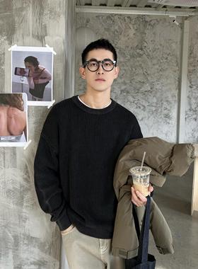 Nick Tian 秋冬新款韩版黑色水洗毛衣男生宽松休闲百搭针织打底衫