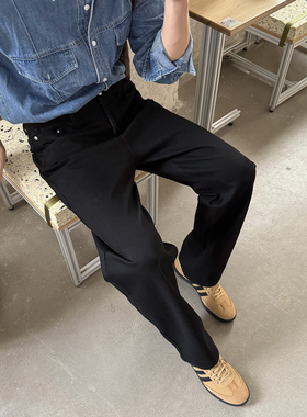 Nick Tian 半松紧腰黑色直筒裤牛仔裤长裤男秋季新款韩版宽松休闲