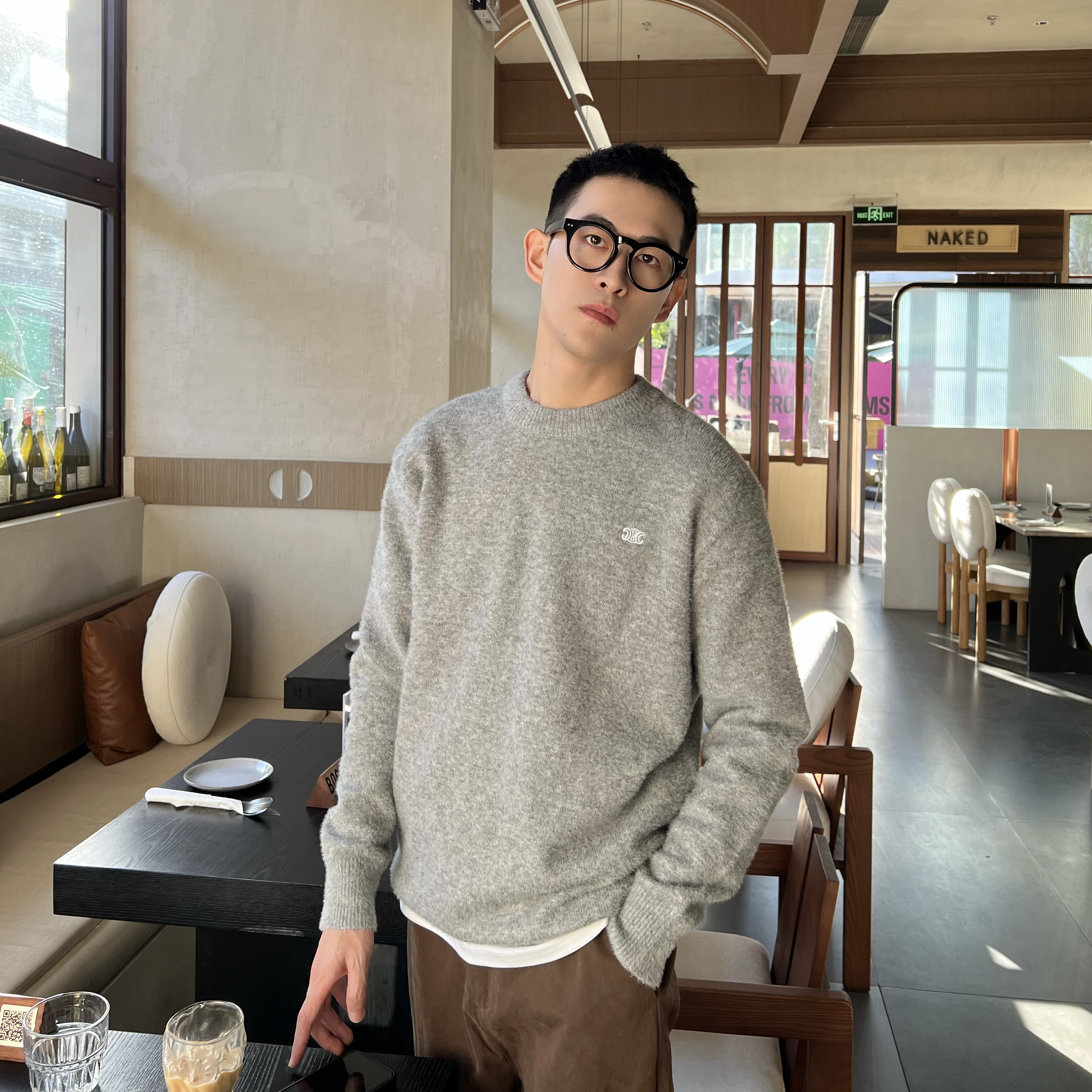 nick tian 秋冬季纯色圆领水貂毛毛衣男百搭休闲长袖宽松针织衫