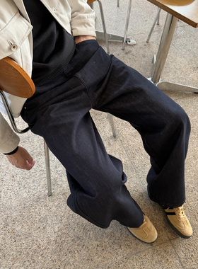 Nick Tian 半松紧腰复古天丝直筒牛仔裤男秋冬款休闲宽松长裤子