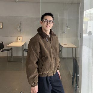 休闲棉衣翻领宽松外套夹克 秋冬复古毛领麂皮绒棉服男装 Nick Tian