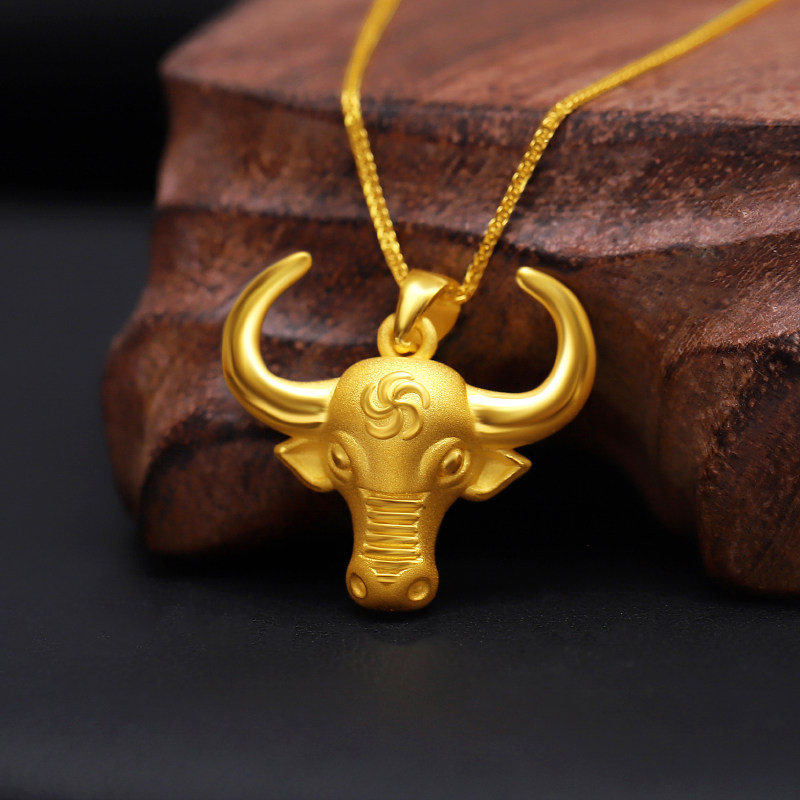 黄金霸气生肖牛吊坠999足金牛项链3d硬金男女款纯金牛头挂坠金牛