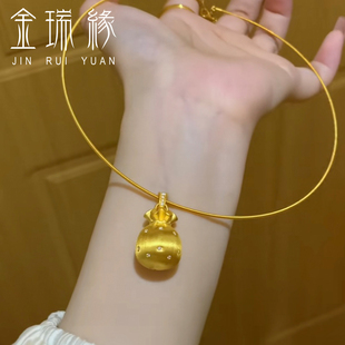 黄金点钻拉丝福袋吊坠999足金镶嵌莫桑钻项圈2024新款 送女友礼物