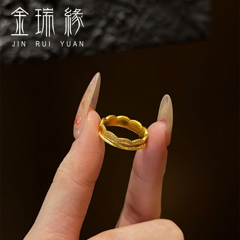 黄金拉丝波浪戒指女 999足金镶嵌指环小众设计戒子送女友520礼物