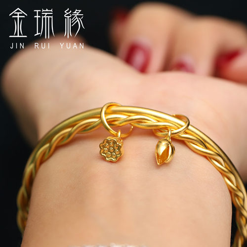 24K黄金古法手镯女 足金999麻花实心双层莲花莲蓬两世欢双圈叠戴 - 封面