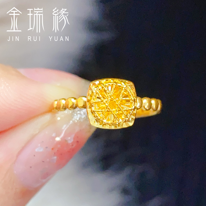 黄金爆闪拉丝小方糖戒指女新款999足金开口指环情人节送女友礼物