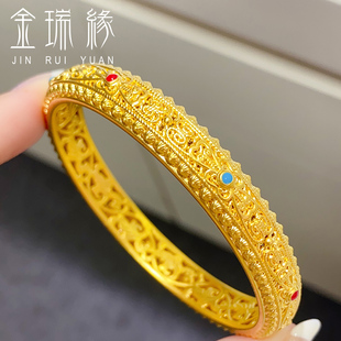 黄金花丝镶嵌镂空皇后手镯5D硬金古法传承999足金镯子送女友礼物