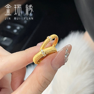 999足金绸缎点钻拉丝黄金戒指镶钻INS小香风指环食指戒送女友礼物