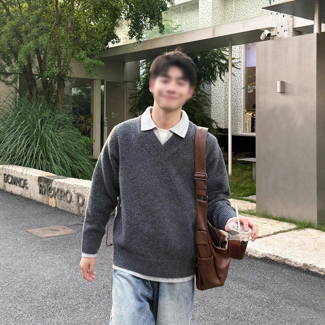 暗物质dark matter秋季灰色假两件翻领毛衣男生上衣时尚百搭